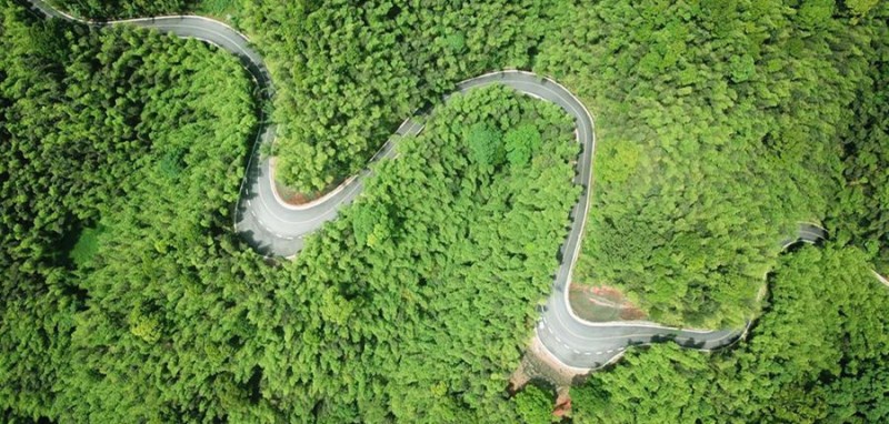 這是5月10日無人機拍攝的赤水竹海國家森林公園景區的旅游公路。貴州省赤水市竹海國家森林公園現有竹林面積10多萬畝，崇山峻嶺間居住著3000多名農民。近年來，赤水市旅游部門以“黨建+旅游+扶貧”模式助推脫貧攻堅，投入資金對這里原有盤山公路進行升級改造，既提升了游客來竹海景區旅游的舒適度，又讓當地農民種植的楠竹、竹筍等可以通過便捷的旅游公路運送出大山，不少山區農民還依托景區豐富的客源開辦起農家樂，實現了“家門口”增收。