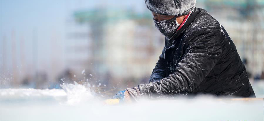 12月16日，在哈爾濱冰雪大世界園區，工人在進行冰建施工作業。當日，哈爾濱市最低氣溫達到零下20攝氏度以下。 近日，伴著寒潮到來，多地迎來入冬以來最寒冷天氣，一些勞動者在凜冽寒風中依然堅守崗位。