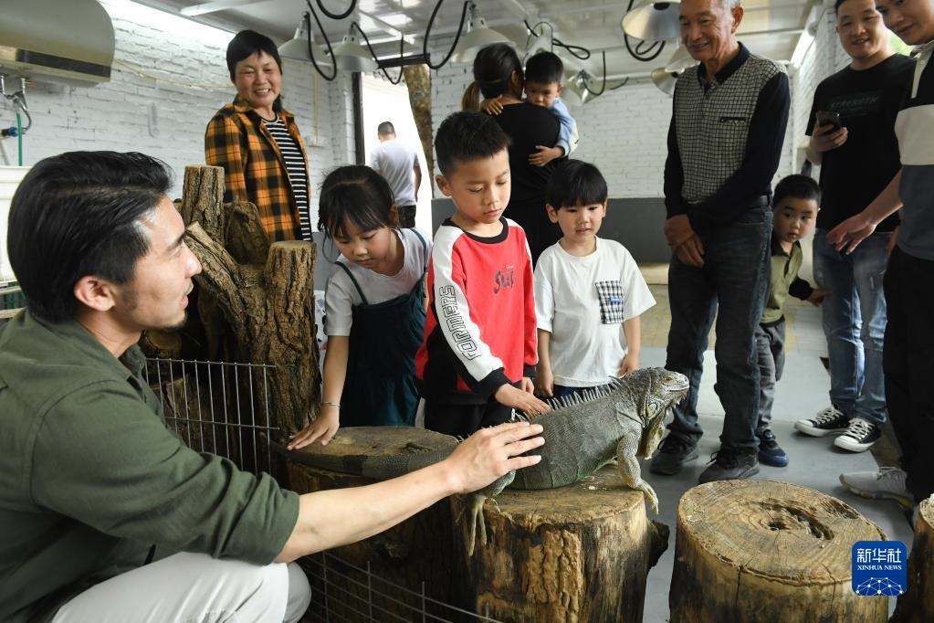 5月18日，保護中心的創立者田力（左一）給前來研學的家長和孩子介紹蜥蜴。

新華社記者 翁忻旸 攝